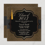 Invitation Classy Black Ribbon Brown Damask Graduation Party (Devant / Derrière)