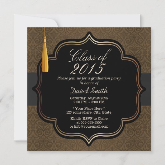 Invitation Classy Black Ribbon Brown Damask Graduation Party (Devant)