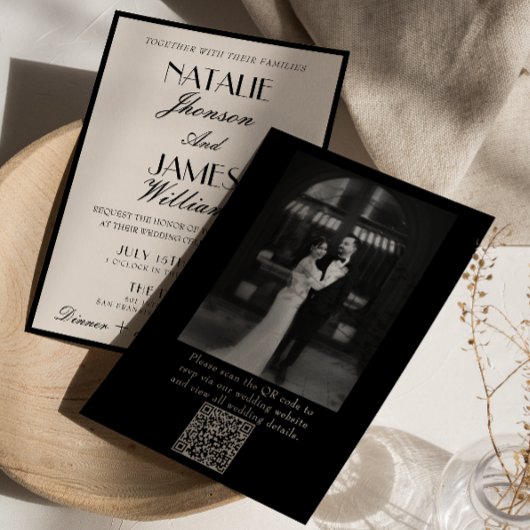 Invitation Classy Black White Old Money Photo QR Code Wedding