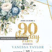 Invitation Classy Blue Gold Frame 90th Birthday Party Invite