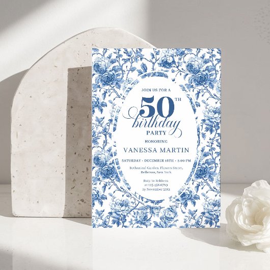 Invitation Classy Blue Toile de Jouy Floral 50th Birthday 