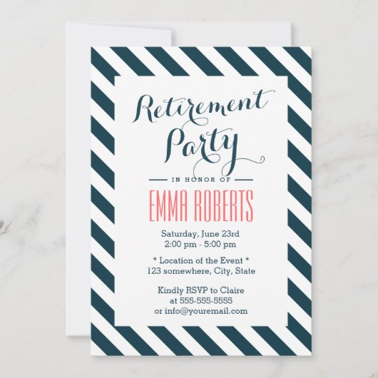 Invitation Classy Blue & White Stripes Retraite Party (Devant)