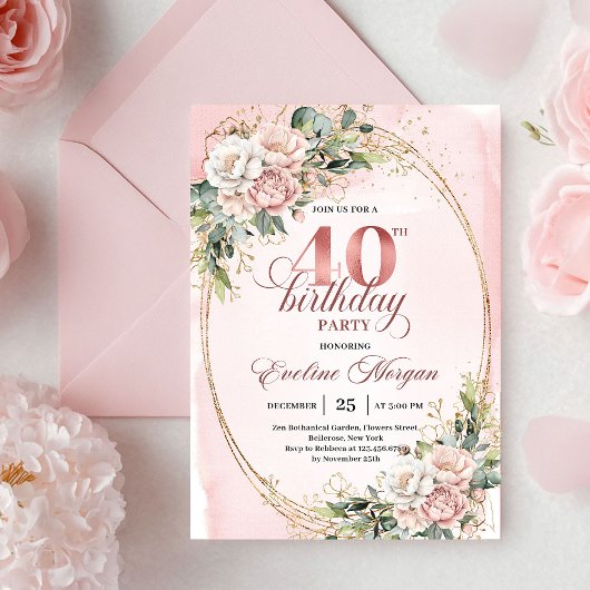Invitation Classy Bohemian Blush Floral 40th Birthday Invites