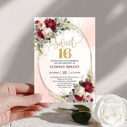 Invitation Classy Boho Burgundy Blush Gold Floral Sweet 16th