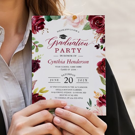 Invitation Classy Burgundy et Blush Floral Graduation Event