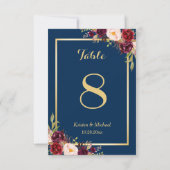 Invitation Classy Burgundy Floral Gold Navy Blue Table Numéro (Dos)