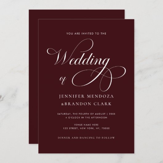 Invitation Classy Calligraphy Burgundy All in One Wedding (Devant / Derrière)