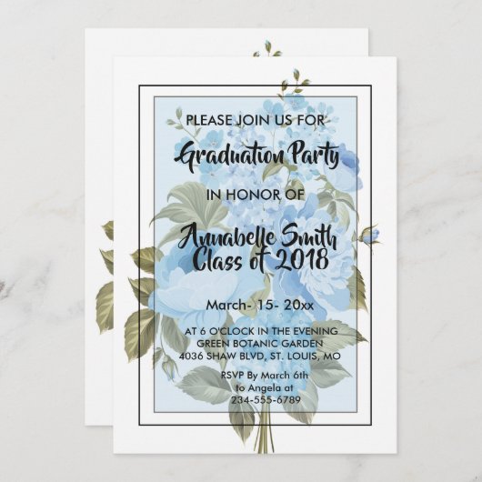 Invitation Classy Chic bleu floral Graduation (Devant / Derrière)