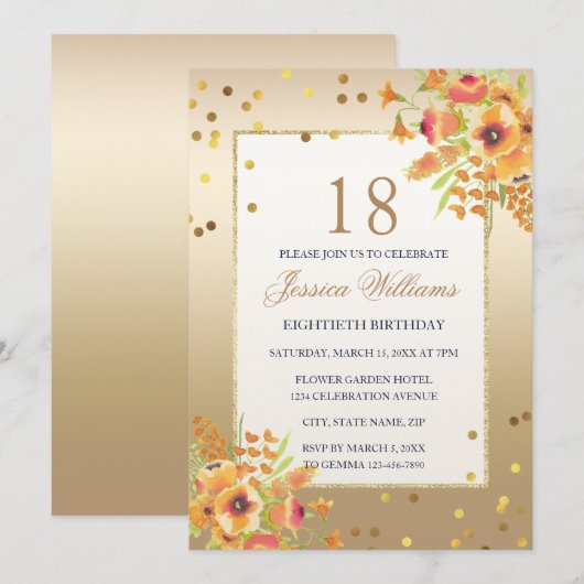 Invitation Classy Confetti & Corner Flowers 18e anniversaire (Devant / Derrière)