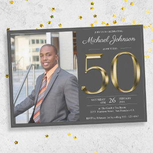 Invitation Classy Dark Grey Gold Photo personnalisée 50e anni