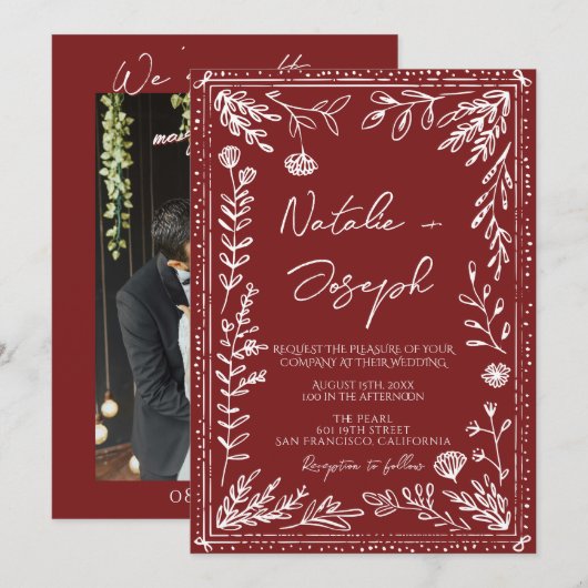 Invitation Classy Deep Red Blue Floral Modern Photo Wedding (Devant / Derrière)