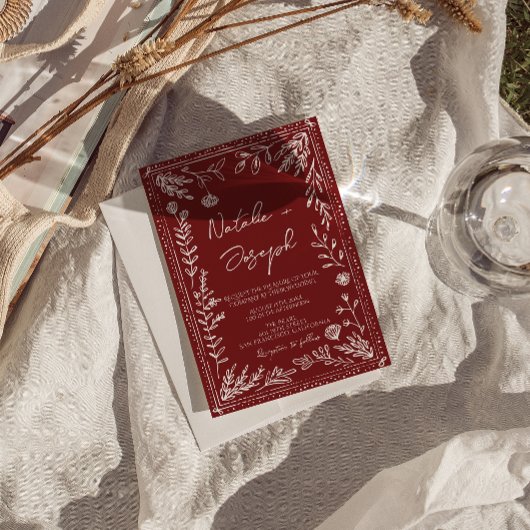 Invitation Classy Deep Red Blue Floral QR Code Photo Wedding