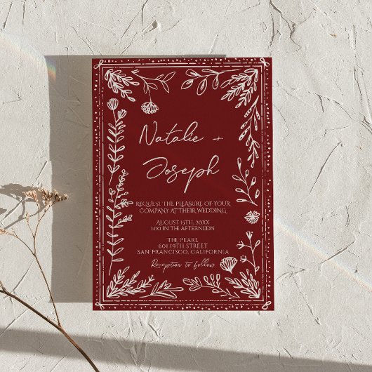Invitation Classy Deep Red Blue Floral QR Code Photo Wedding