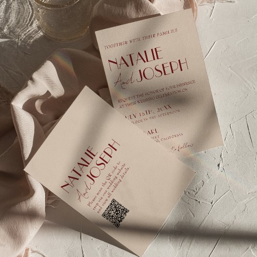 Invitation Classy Deep Red Blue QR Code Modern Wedding