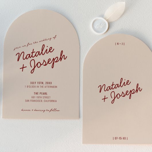 Invitation Classy Deep Red Cream Whimsical Arched Wedding