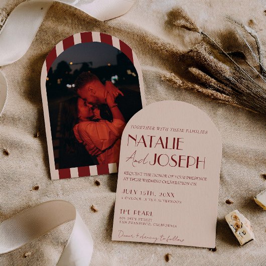 Invitation Classy Deep Red Whimsical Photo Arched Wedding