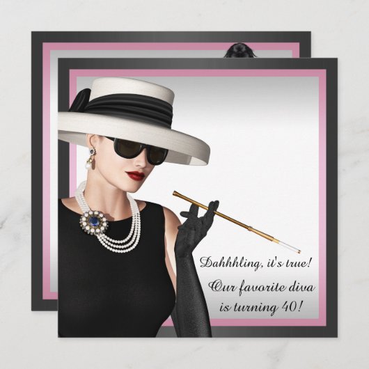 Invitation Classy Diva Rose et Noir 40e anniversaire (Devant / Derrière)