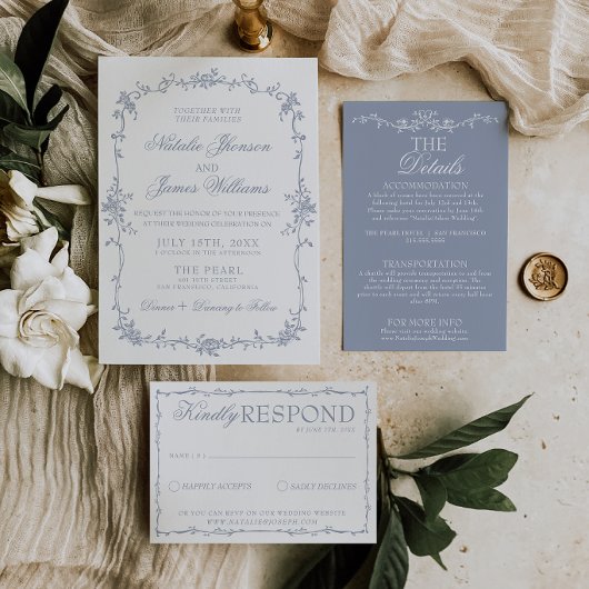 Invitation Classy Dusty Blue Floral Boho Botanical Wedding