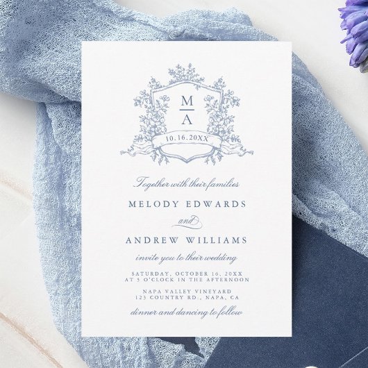 Invitation Classy Dusty Blue Floral Crest Wedding