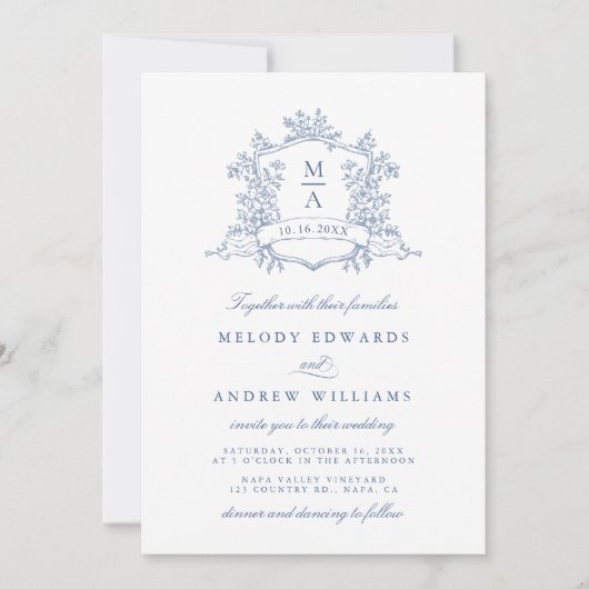 Invitation Classy Dusty Blue Floral Crest Wedding (Devant)