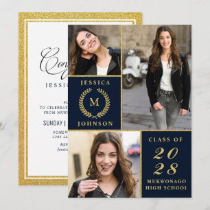 Invitation Classy Elegant Golden 3 PHOTO Graduation Party