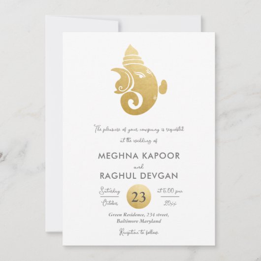 Invitation Classy Faux Gold Foil Ganesha Indian God Mariage (Devant)