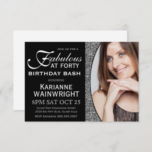 Invitation Classy Faux Parties scintillant Photo 40e annivers (Devant / Derrière)