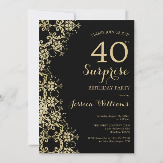 Invitation Classy Gold & Black Damask 40th Birthday Surprise (Devant)