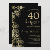 Invitation Classy Gold & Black Damask 40th Birthday Surprise (Devant / Derrière)