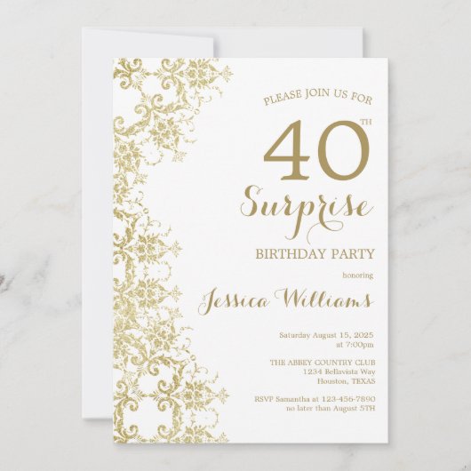 Invitation Classy Gold Damask 40th Birthday Surprise (Devant)
