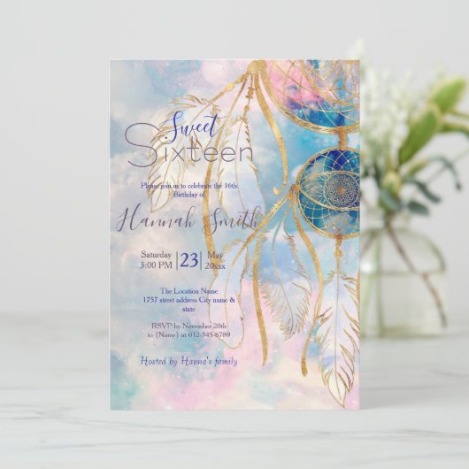 Invitation Classy Gold Dreamcatcher Rainbow Clouds Sky design (Debout devant)