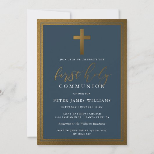 Invitation Classy Gold & Navy Blue First Holy Communion (Devant)