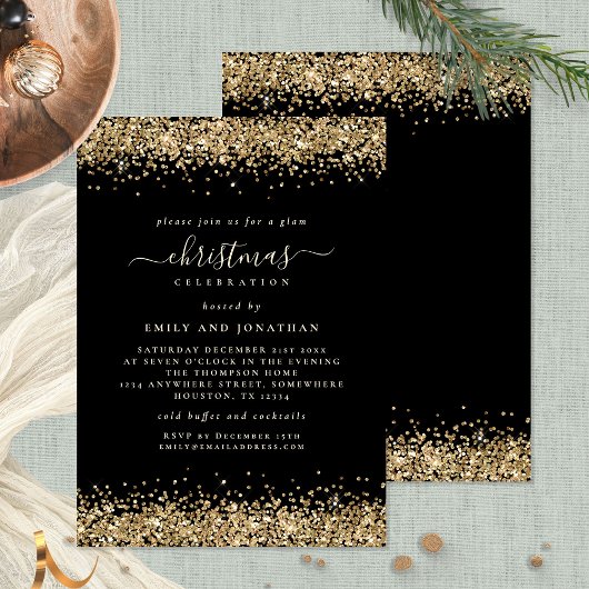 Invitation Classy Gold Parties scintillant Black Christmas Pa