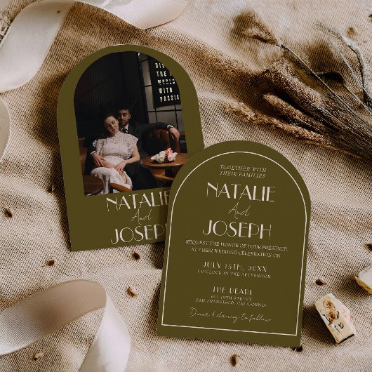 Invitation Classy Grassland Old Money Arched Photo Wedding