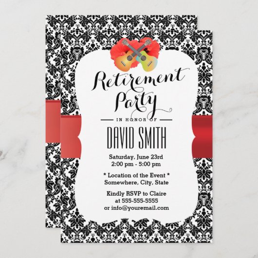 Invitation Classy Hibiscus & Ukulele Damask RetiParty (Devant / Derrière)