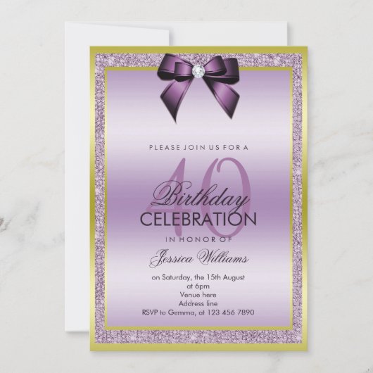 Invitation Classy Lilac Bow & Sparkly Parties scintillant 40e (Devant)