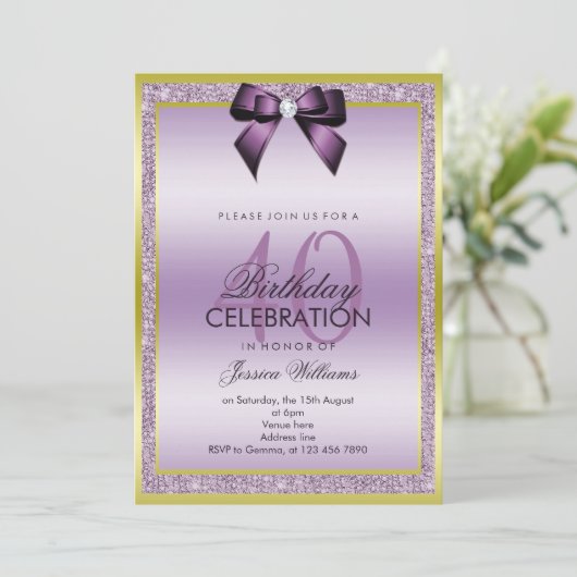 Invitation Classy Lilac Bow & Sparkly Parties scintillant 40e (Debout devant)