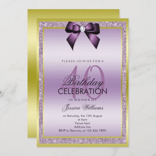 Invitation Classy Lilac Bow & Sparkly Parties scintillant 40e (Devant / Derrière)