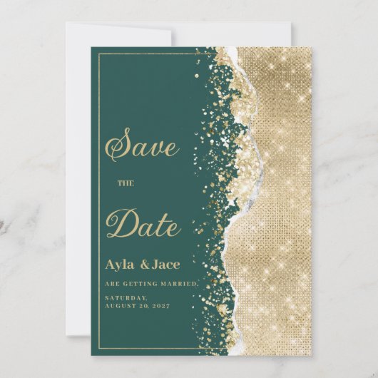Invitation Classy luxury green gold glitter Save the Date (Devant)