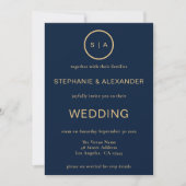 Invitation Classy Marine Blue Gold Monogramme QR Code Mariage (Devant)