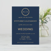 Invitation Classy Marine Blue Gold Monogramme QR Code Mariage (Debout devant)