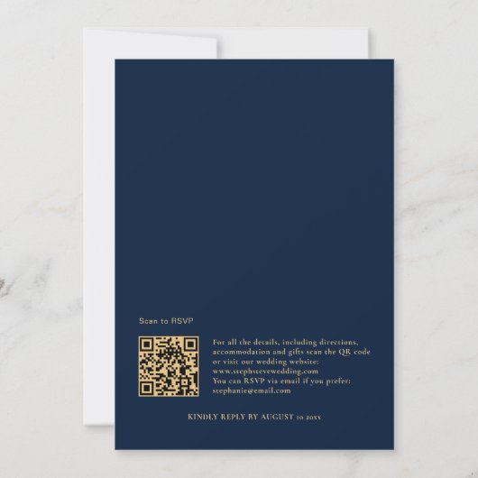 Invitation Classy Marine Blue Gold Monogramme QR Code Mariage (Dos)