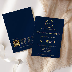 Invitation Classy Marine Blue Gold Monogramme QR Code Mariage