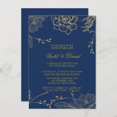 Invitation Classy Navy Blue et Gold Florals Mariage Invitati (Devant / Derrière)