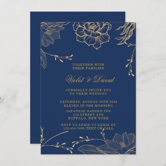 Invitation Classy Navy Blue et Gold Florals Mariage Invitati (Devant / Derrière)
