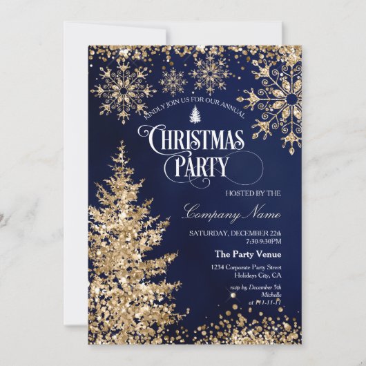Invitation Classy Navy Gold Glitter Corporate Christmas Party (Devant)