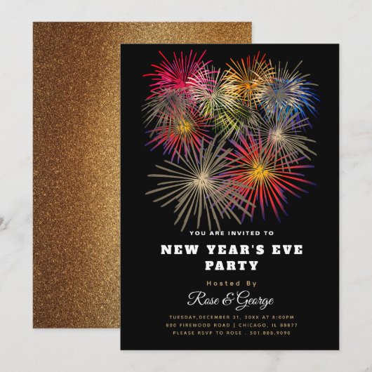 Invitation Classy New Year's Eve Party 20XX Golden Fireworks (Devant / Derrière)