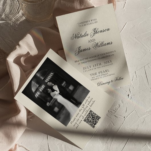 Invitation Classy Old Money Retro Photo QR Code Wedding