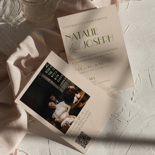 Invitation Classy Olive Green Old Money Photo QR Code Wedding