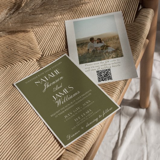 Invitation Classy Olive Green Old Money QR Code Photo Wedding